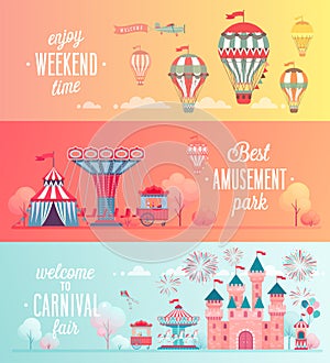 Set of Amusement park landscape banners.