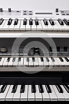 Set of analog electronic synthesizers. Hardware synthesizers, electronic music instruments gear