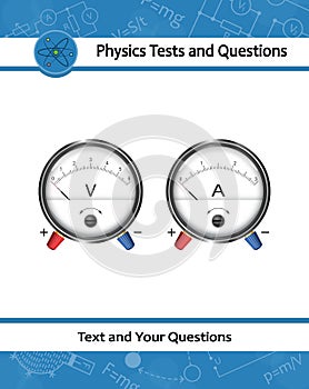 Set of analog voltmeter and ammeter. Round gauge with metal frame. Physical devices for measuring electric current, potential