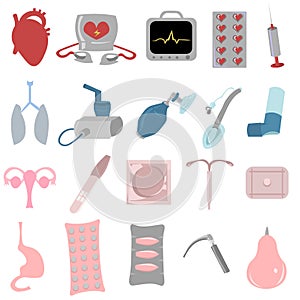 Set of anatomical organs and medicines. Heart disease, defibrillator and ECG. Treatment of asthma and pneumonia. Ambu bag,
