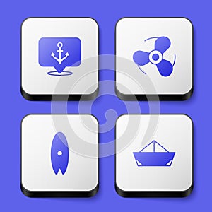 Set Anchor, Boat propeller, Surfboard and Folded paper boat icon. White square button. Vector