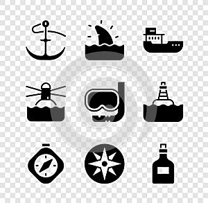 Set Anchor, Shark fin in ocean wave, Cargo ship, Compass, Wind rose, Rum bottle, Lighthouse and Diving mask and snorkel