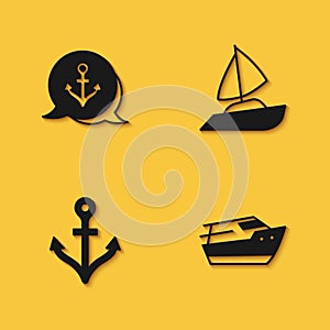 Set Anchor, Speedboat, and Yacht sailboat icon with long shadow. Vector