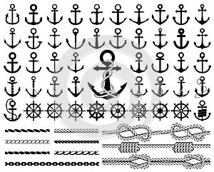 Set of anchors, rudders icons, and ropes.