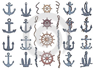 Set of anchors, rudders and ropes. Vector doodle sketch outline isolated illustration.