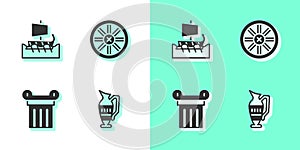 Set Ancient amphorae, Greek trireme, column and Old wooden wheel icon. Vector