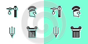 Set Ancient column, Gallows, Neptune Trident and Greek helmet icon. Vector