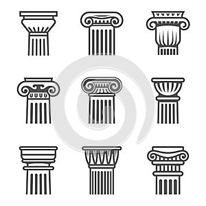 Set of ancient columns icon in black and white colors.