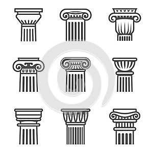 Set of ancient columns icon in black and white colors. photo
