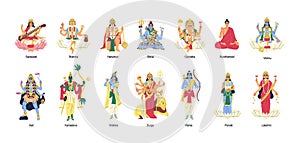 Set of ancient Indian Hindu gods and goddesses. Different idols of Hinduism. Deities and lords in India. Holy