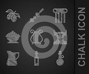 Set Ancient lyre, Bottle of olive oil, Minotaur, Olives bowl, column and branch icon. Vector