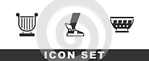 Set Ancient lyre, Hermes sandal and Greek ancient bowl icon. Vector