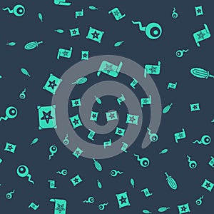 Set Ancient magic book, Eye, and Magic sword in fire on seamless pattern. Vector