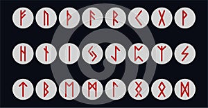 Set of ancient Norse runes. Runic alphabet, Futhark. Ancient occult symbols. Vector illustration. Old Germanic letters on a dark