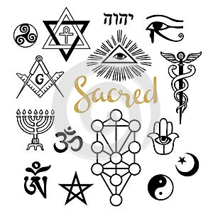 Set of ancient sacral symbols. Religious and magic symbols.