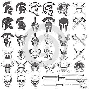 Set of ancient weapon, helmets, swords and design elements.