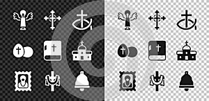 Set Angel, Christian cross, fish, icon, Church bell, Easter egg and Holy bible book icon. Vector