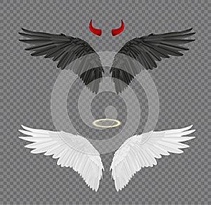 Set of angel and devil realistic wings, horns and halo isolated