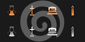 Set Angel, Grave with cross, Tombstone RIP written and Burning candle icon. Vector