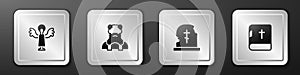 Set Angel, Priest, Grave with tombstone and Holy bible book icon. Silver square button. Vector