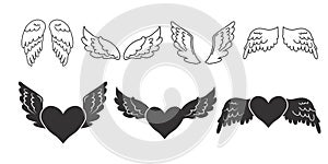 Set Angel wings with heart, outline and silhouette in cartoon style isolated on blue background, design element for