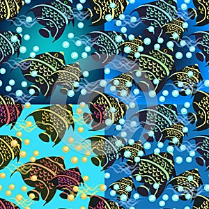 Set of angelfish seamless pattern on a blue background. vector