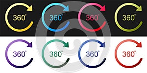 Set Angle 360 degrees icon isolated on black and white background. Rotation of 360 degrees. Geometry math symbol. Full
