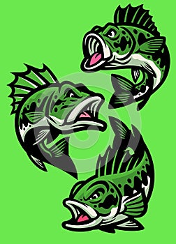 Set of angry cartoon largemouth bass fish