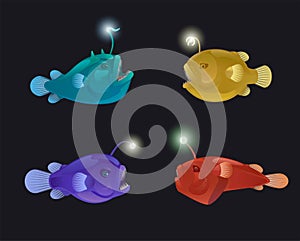 Set of angry toothy anglers with lanterns bait. Vector cartoon detailed illustration of anglerfish. Deep sea fauna.