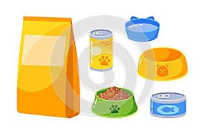 Set Of Animal Accessories, Isolated Pet Food Icons. Package With Dry Feeding For Cats Or Dogs, Plastic Bowl With Cookies