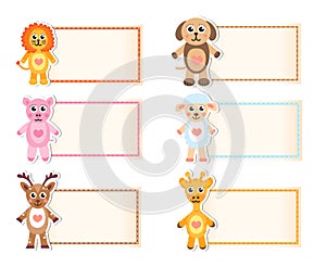 Set animal blank template for text. Lion, giraffe, sheep, pig, deer, dog. Baby invitation. Vector illustration.