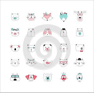 Set of animal cute icons, Vector illustration.