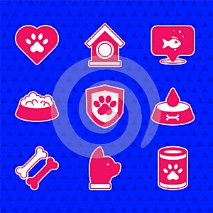 Set Animal health insurance, Cat, Canned food, Pet bowl for cat or dog, Dog bone, Fish and Heart with animals footprint