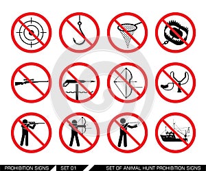 Set of animal hunt prohibition signs.