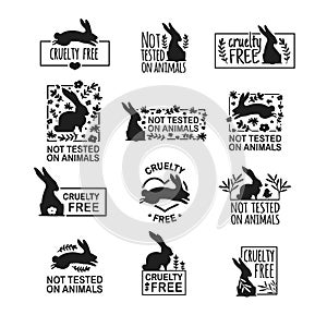 Set animal logo cruelty free. Sign with silhouette rabbit and flower and nature leaf. Design stapm for product not