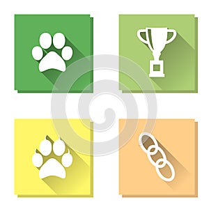 Set of animal paw imprit sign trophy cup and chain link vector icon