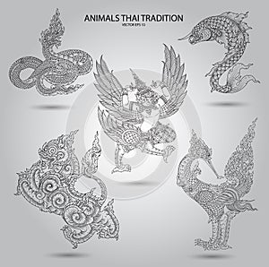 Set animal thai tradition black and white