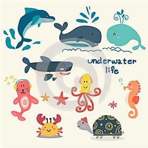 Set of animal under sea life flat cartoon vector