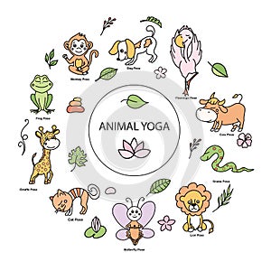 Set of animal yoga poses or asanas with tropical floral elements. Vector colored cartoon illustration in doodle style.