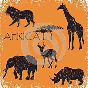 Set of animals Africa,elephant, lion, giraffe, roe deer, rhinoceros, grunge vector illustration