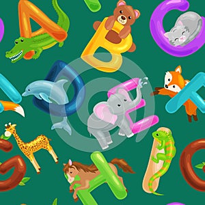 Set of animals alphabet for kids fish letters, cartoon fun abc education in preschool, cute children zoo collection