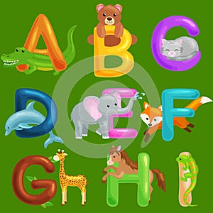 Set of animals alphabet for kids fish letters, cartoon fun abc education in preschool, cute children zoo collection