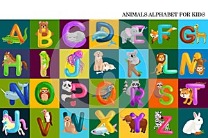 Set of animals alphabet for kids letters, cartoon fun abc education in preschool, cute children zoo collection learning