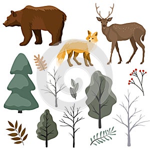 Set with animals bear fox deer and winter forest elements