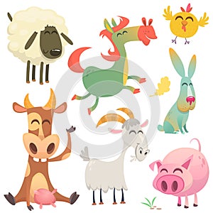 Set of animals and birds with a farm in a cartoon style. Vector illustration. ow, horse, chicken, bunny rabbit, pig, goatm sheep