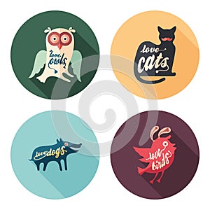 Set of animals flat round icons with long shadows.