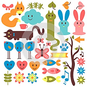 Set of animals and floral elements