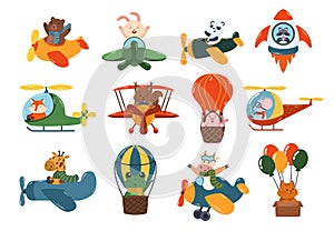 Set Animals Flying On Airplane, Rocket, Helicopter And Air Balloon. Cute Bear, Bunny, Panda And Raccoon, Fox, Squirrel