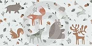 Set animals in the forest. Bear, deer, fox, hare, wolf, squirrel, boar and hedgehog. Nordic style forest for kids. Cute