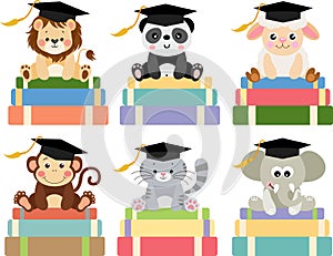 Set of animals with graduation cap sitting on top of books